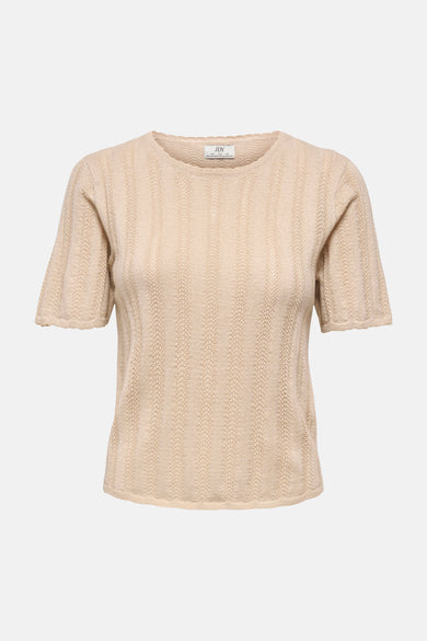 Pull beige à col O de JDY, tricoté à manches courtes avec un motif chevron et un effet scintillant.