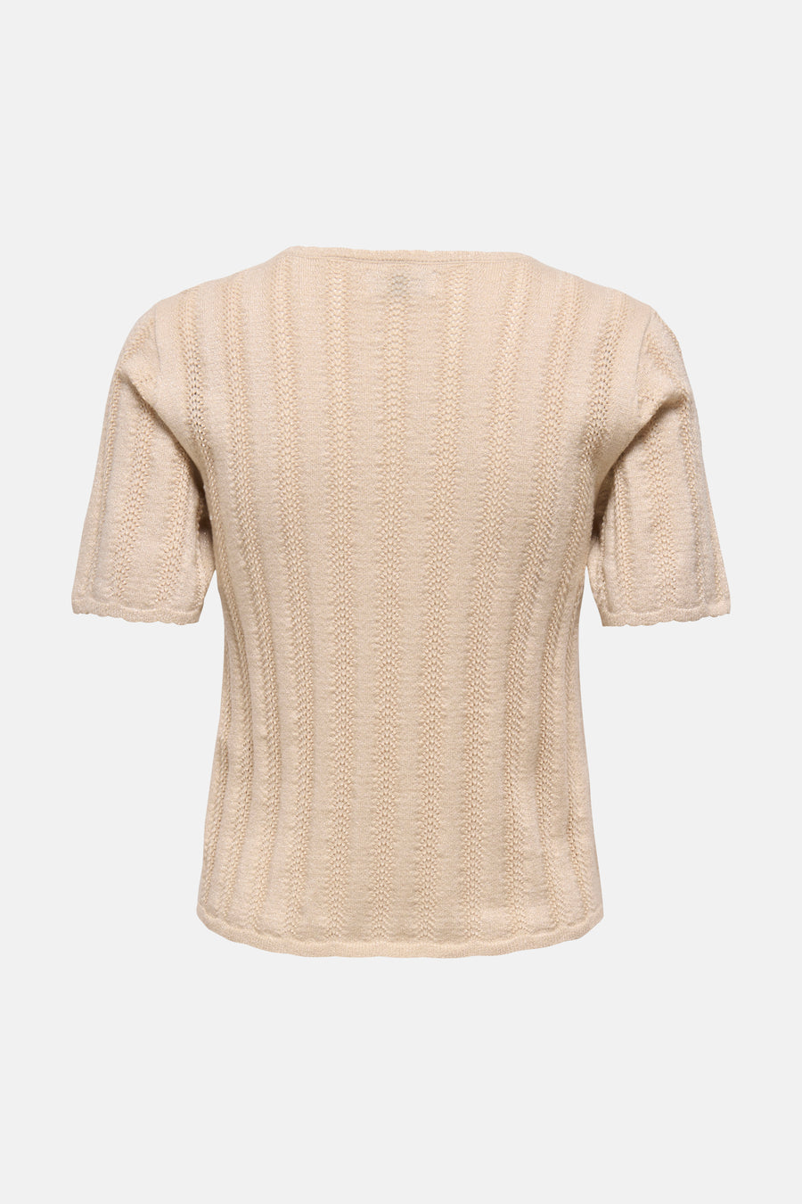 Beige trui met ronde hals van JDY, gebreid met korte mouwen en verticaal ajourpatroon, achterzijde.