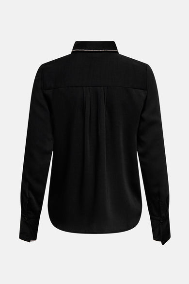 Zwart overhemd met lange mouwen van ONLY, met plooien aan de achterkant en een kraag versierd met strass.