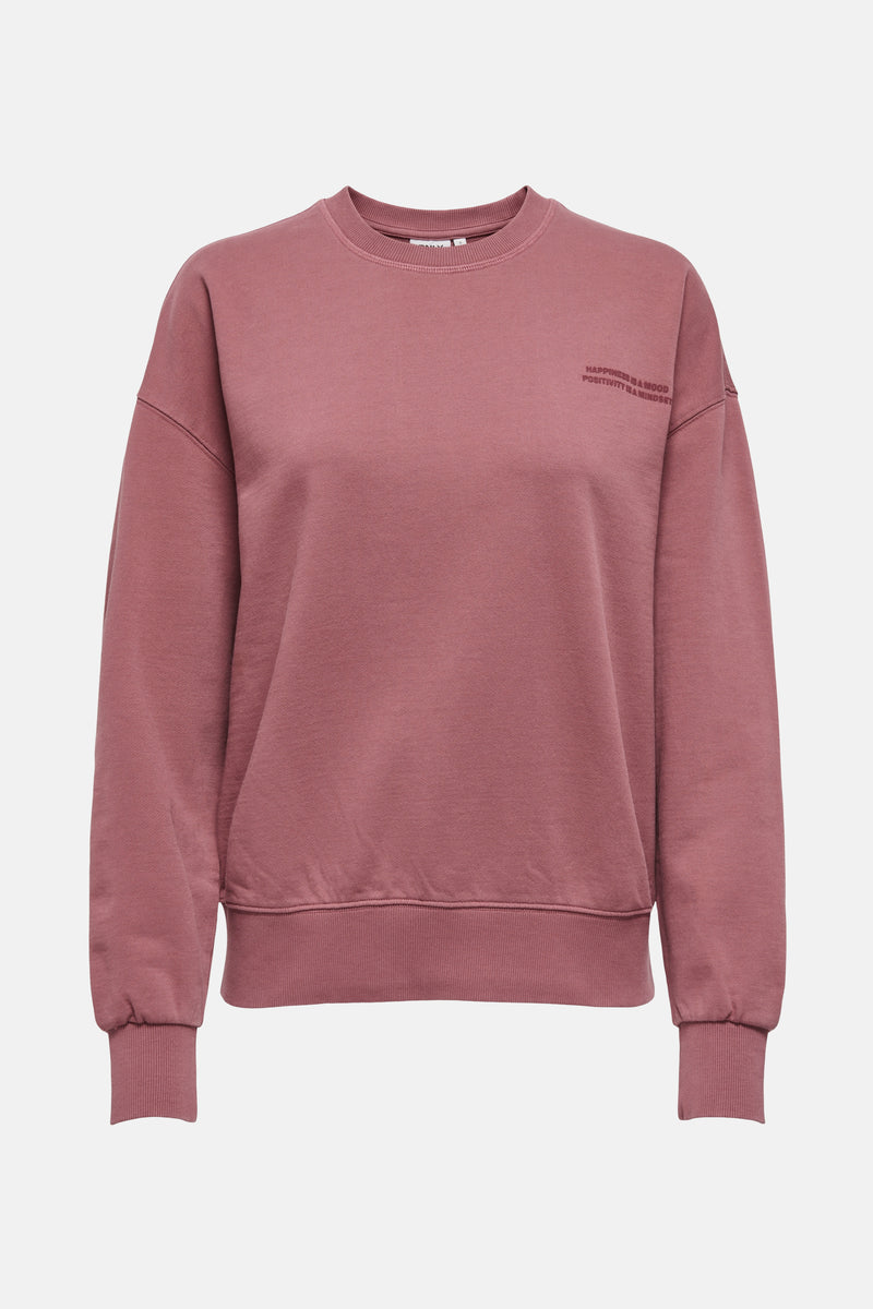 Roze sweatshirt van ONLY, met een opdruk op de rug, een relaxte pasvorm en geribbelde boorden.