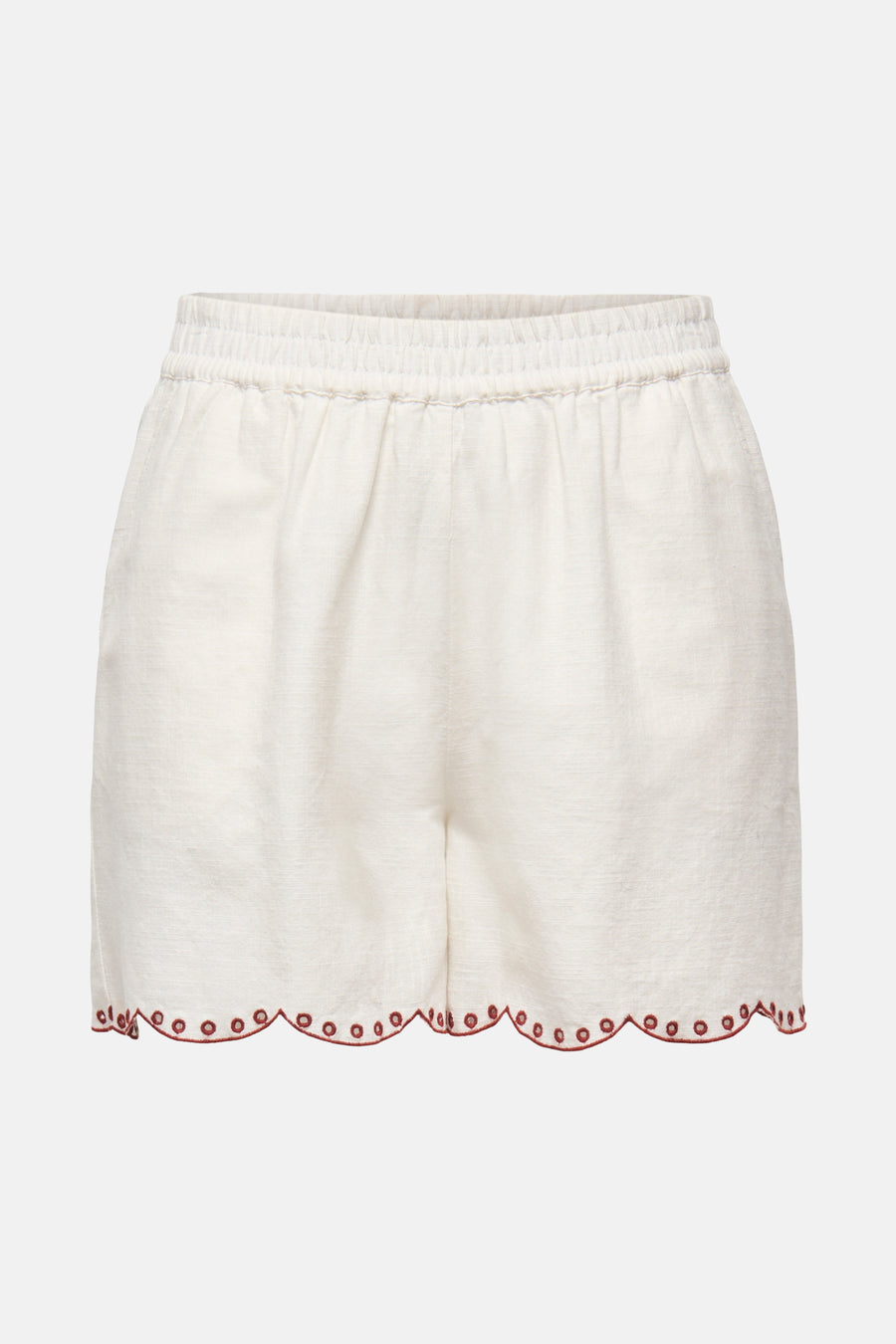 Kort wit topje van JDY met elastische tailleband en rode festonrand.