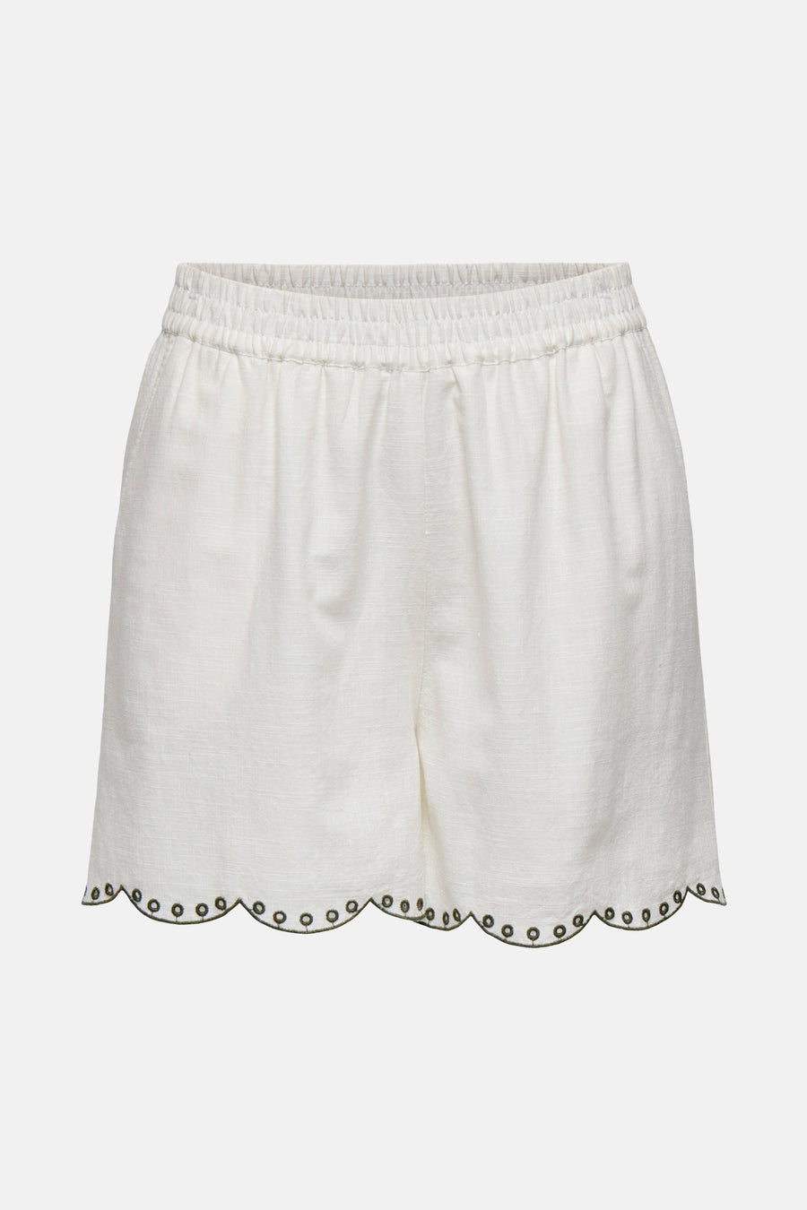 Kort wit topje van JDY met elastische tailleband en kanten rand met oogjes.