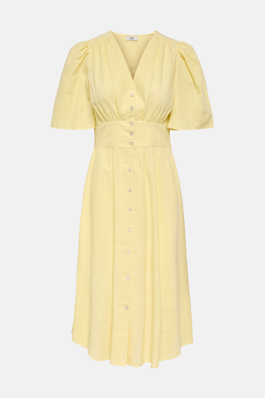 Robe jaune de JDY, boutonnée sur toute la longueur, avec manches bouffantes.