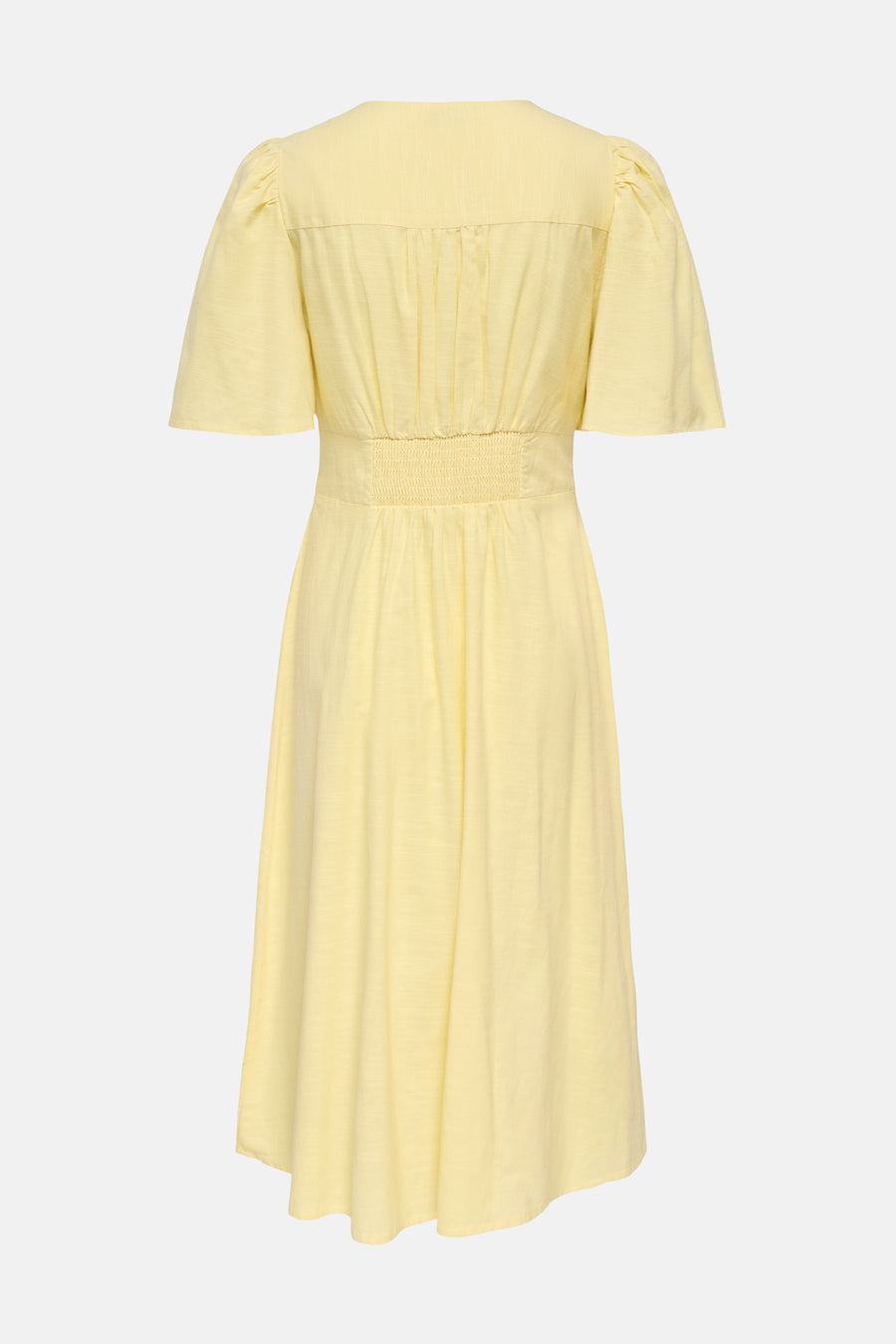 Robe jaune de JDY, avec des manches courtes bouffantes et une taille élastiquée smockée.