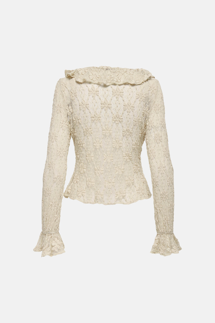 Blouse écru à manches longues de ONLY® en dentelle avec motifs fleuris, col et poignets volantés, vue de dos.