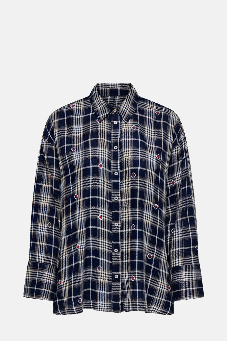 Chemise à manches longues à carreaux multicolores de ONLY®, ornée de motifs décoratifs rouges.