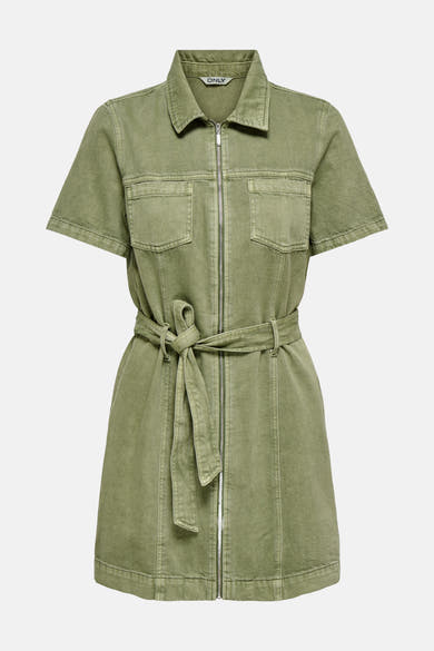 Korte groene jurk van ONLY®, overhemdstijl met rits, borstzakken en een strikceintuur.