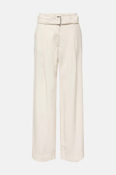 Pantalon beige de ONLY® à taille haute, jambe large, avec ceinture et boucle métallique rectangulaire.