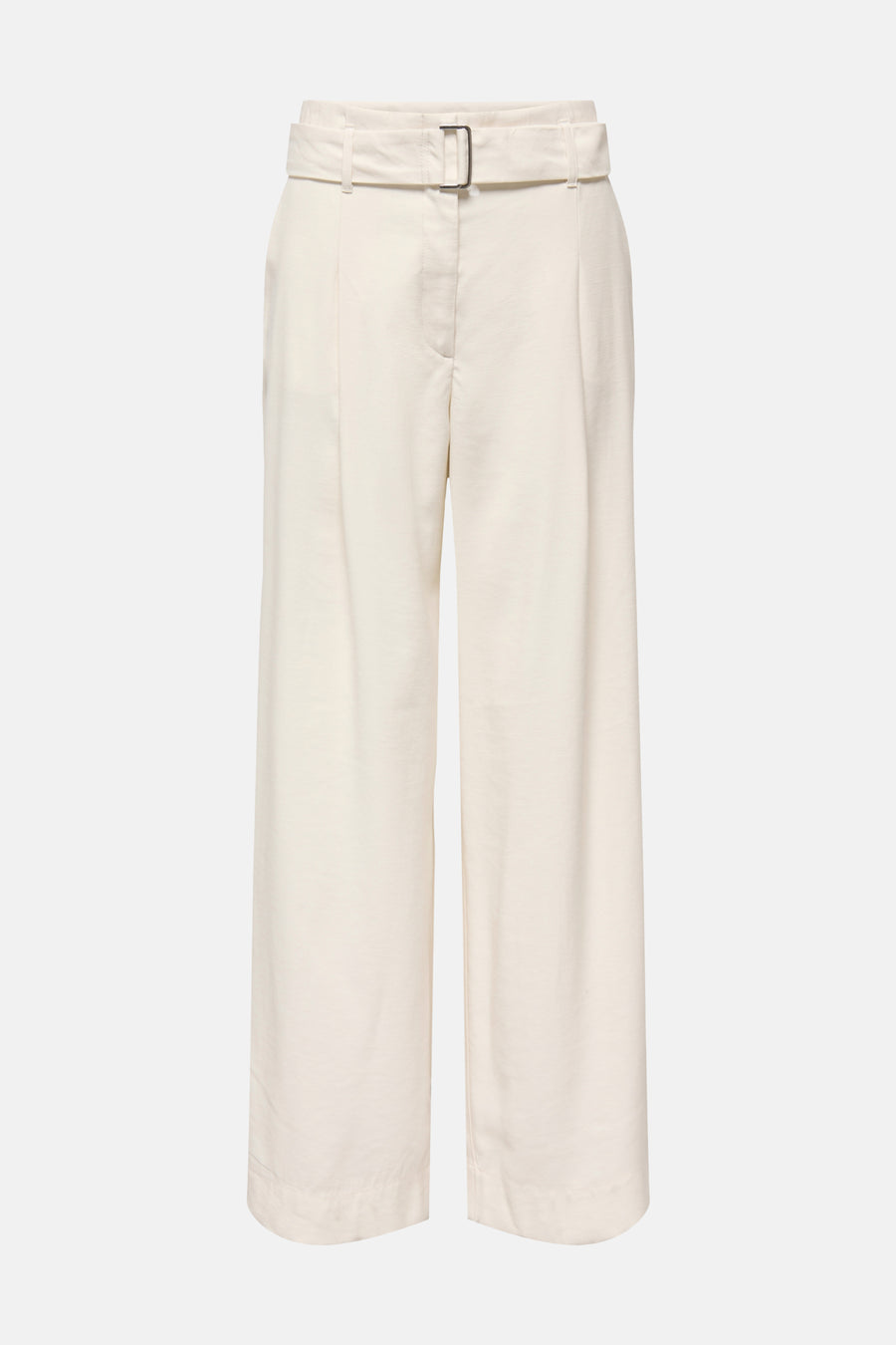 Pantalon beige de ONLY® à taille haute, jambe large, avec ceinture et boucle métallique rectangulaire.