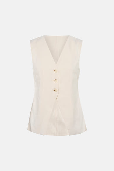 Blazer beige de ONLY®, sans manches, col en V, avec trois boutons et ourlet asymétrique.