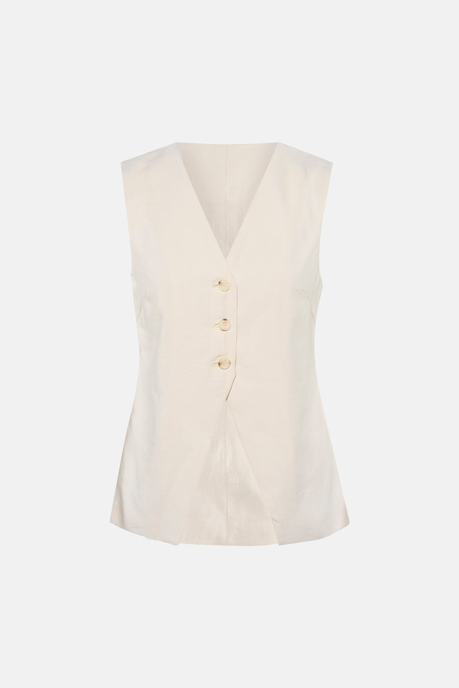 Blazer beige de ONLY®, sans manches, col en V, avec trois boutons et ourlet asymétrique.