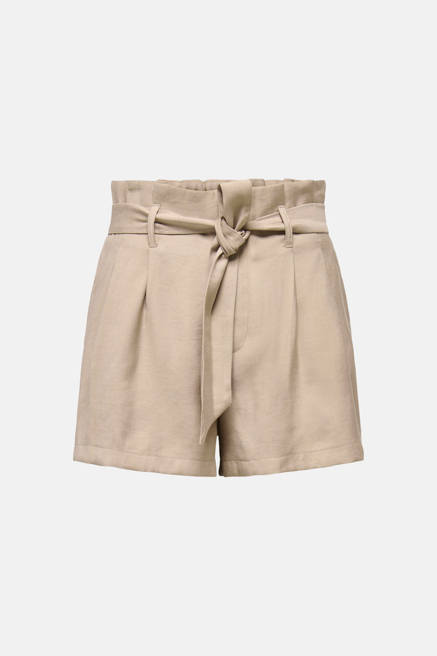 Short beige de ONLY® avec taille haute à volants, ceinture à nouer et plis.