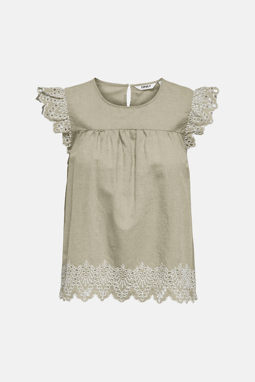Chemisier beige sans manches de ONLY, avec broderie anglaise sur les manches et l'ourlet.