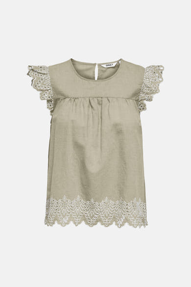 Chemisier beige sans manches de ONLY, avec broderie anglaise sur les manches et l'ourlet.
