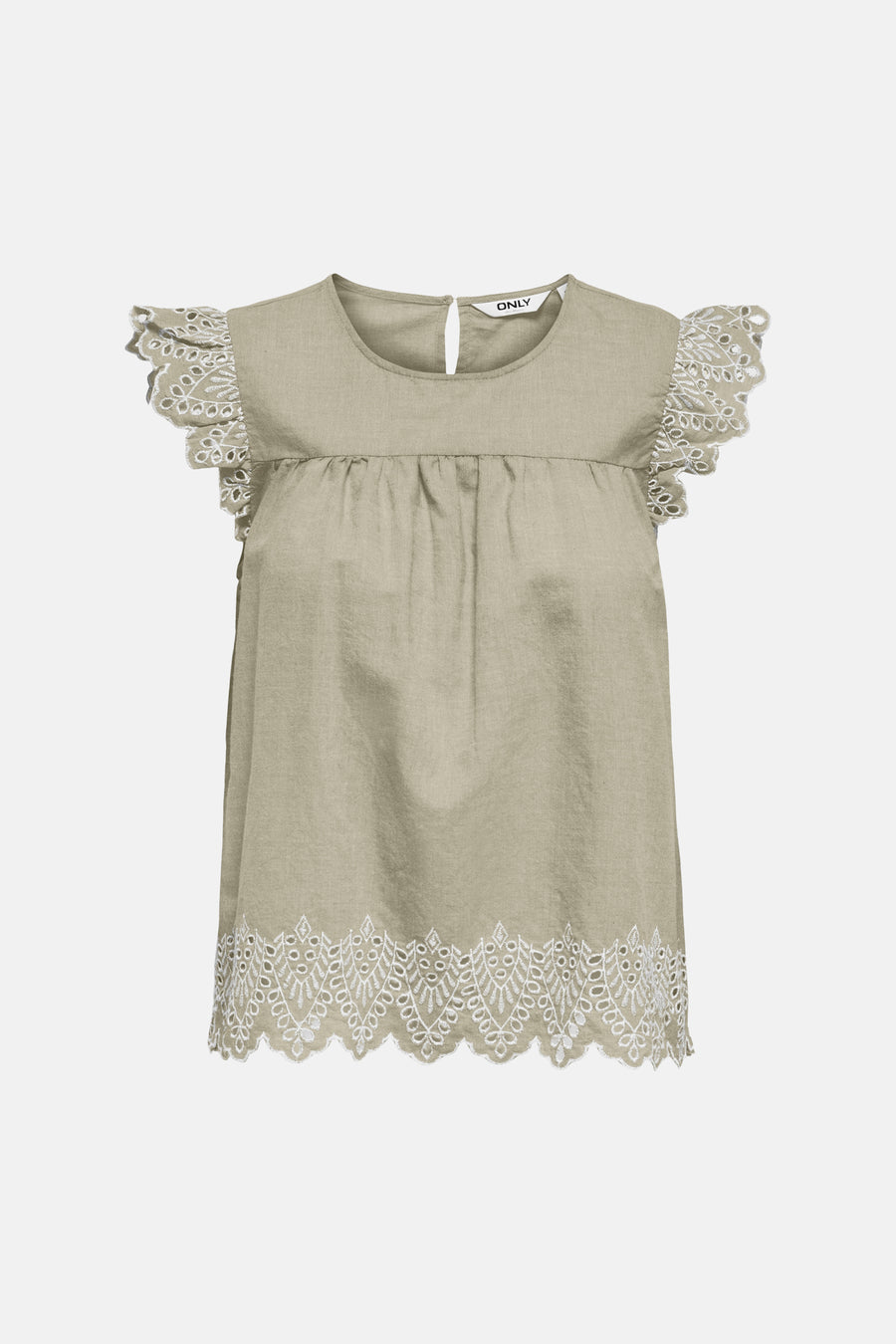 Chemisier beige sans manches de ONLY, avec broderie anglaise sur les manches et l'ourlet.
