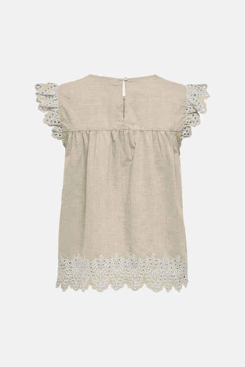 Chemisier beige sans manches de ONLY, avec bordure en dentelle et détail de bouton à l'arrière.
