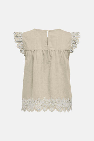 Chemisier beige sans manches de ONLY, avec bordure en dentelle et détail de bouton à l'arrière.
