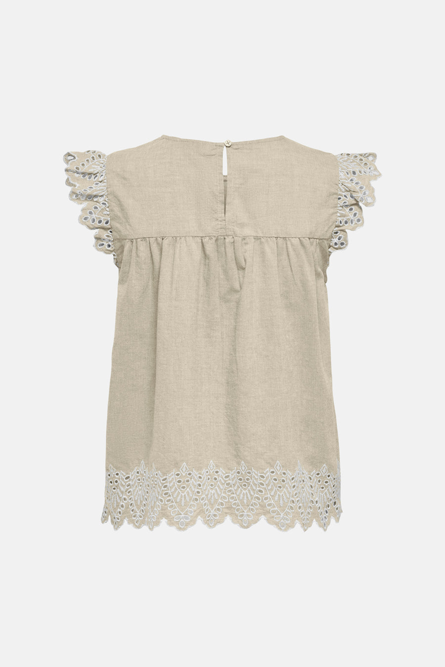 Chemisier beige sans manches de ONLY, avec bordure en dentelle et détail de bouton à l'arrière.
