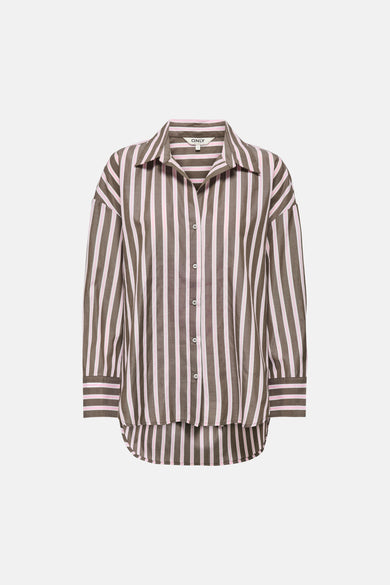 Brown and pink striped long-sleeve blouse by ONLY, featuring a classic collar, front buttons, and a relaxed fit.