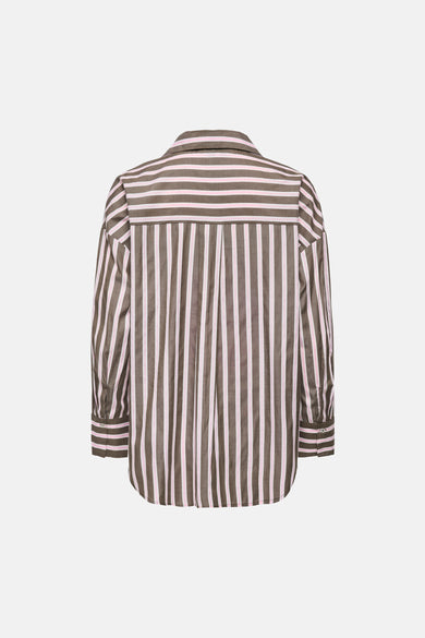 Brown and pink striped long-sleeve blouse back view with vertical pleats and buttoned cuffs