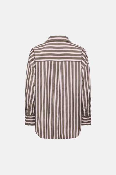 Brown and pink striped long-sleeve blouse back view with vertical pleats and buttoned cuffs