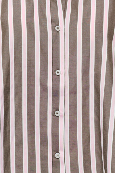 Brown and pink striped long-sleeve blouse with white buttons, front close-up view