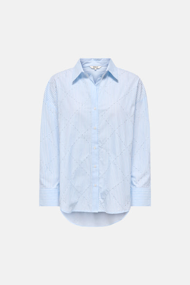 Chemise à manches longues bleue rayée de ONLY, avec motif quadrillé décoratif et ourlet arrondi.
