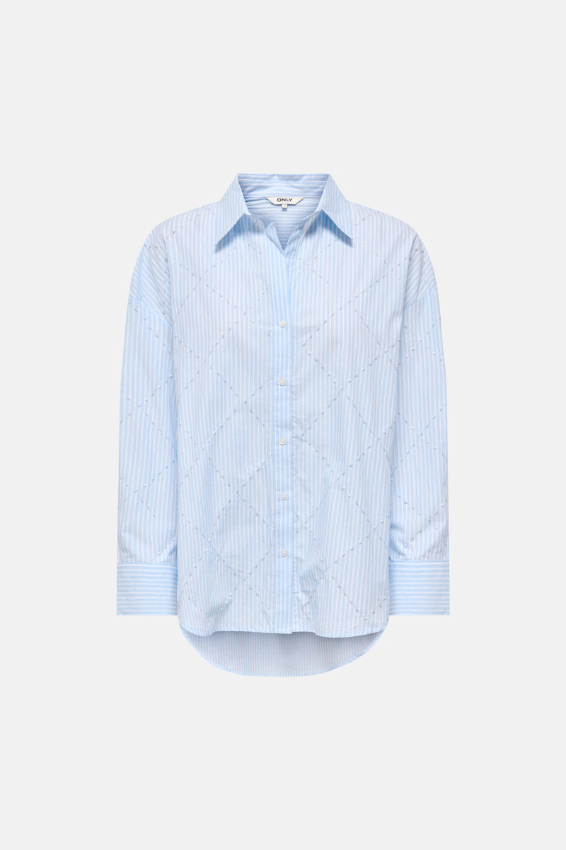 Chemise à manches longues bleue rayée de ONLY, avec motif quadrillé décoratif et ourlet arrondi.