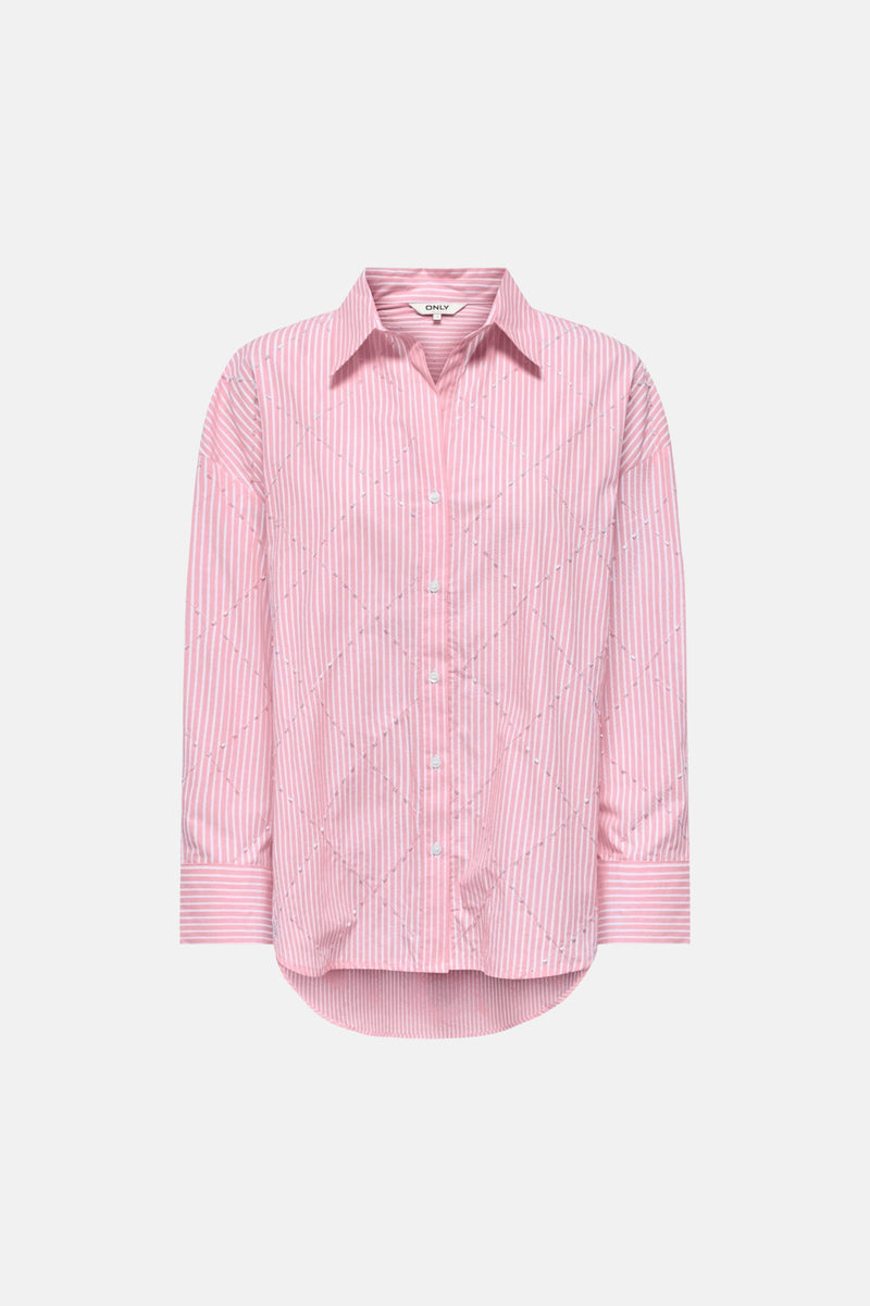 Chemisier rose à rayures blanches de ONLY, avec motif losange et détails perlés, manches longues.