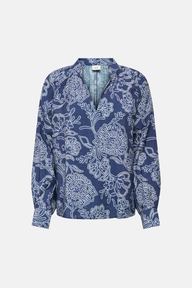 Blouse met lange mouwen van JDY in het blauw, met een all-over wit bloemenpatroon.