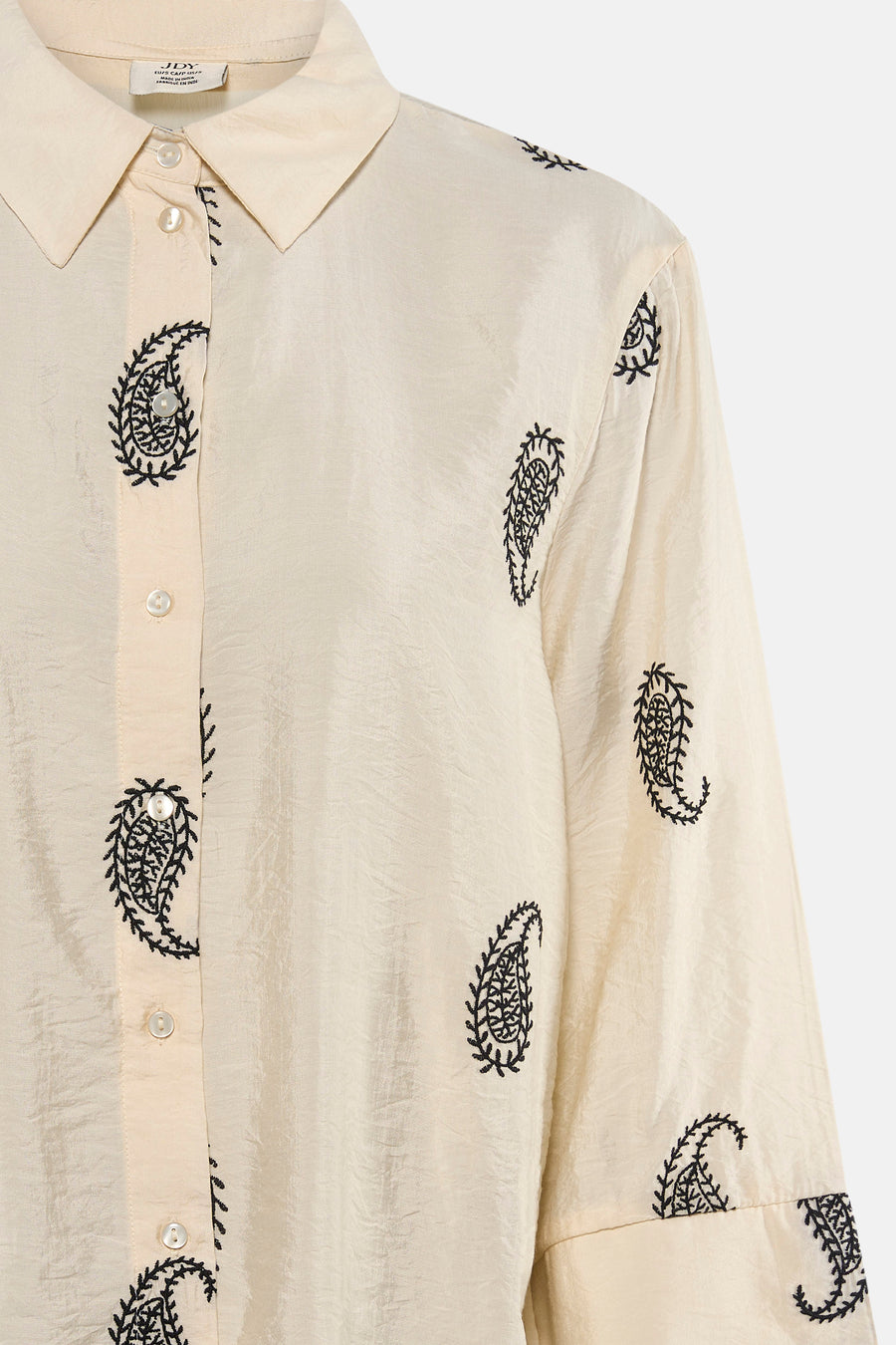 Beige gestructureerde blouse met lange mouwen van JDY, geborduurd met zwarte paisley-patronen, met kraag.