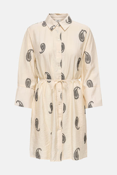 Robe chemise crème de JDY à manches 3/4 avec motifs cachemire noirs, boutonnée et ceinture à nouer.