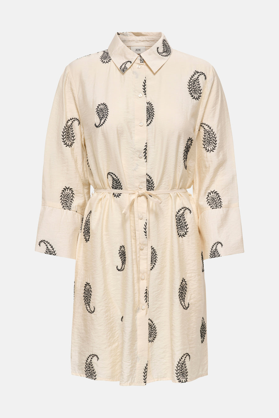 Robe chemise crème de JDY à manches 3/4 avec motifs cachemire noirs, boutonnée et ceinture à nouer.
