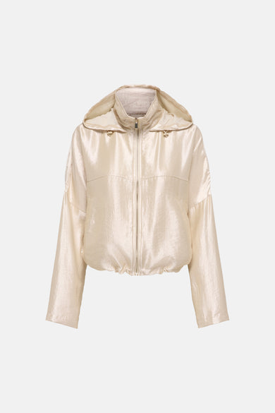 Veste courte dorée de ONLY® en tissu irisé et froissé, avec capuche, fermeture éclair et ourlet élastique.