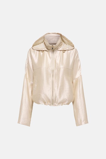 Veste courte dorée de ONLY® en tissu irisé et froissé, avec capuche, fermeture éclair et ourlet élastique.