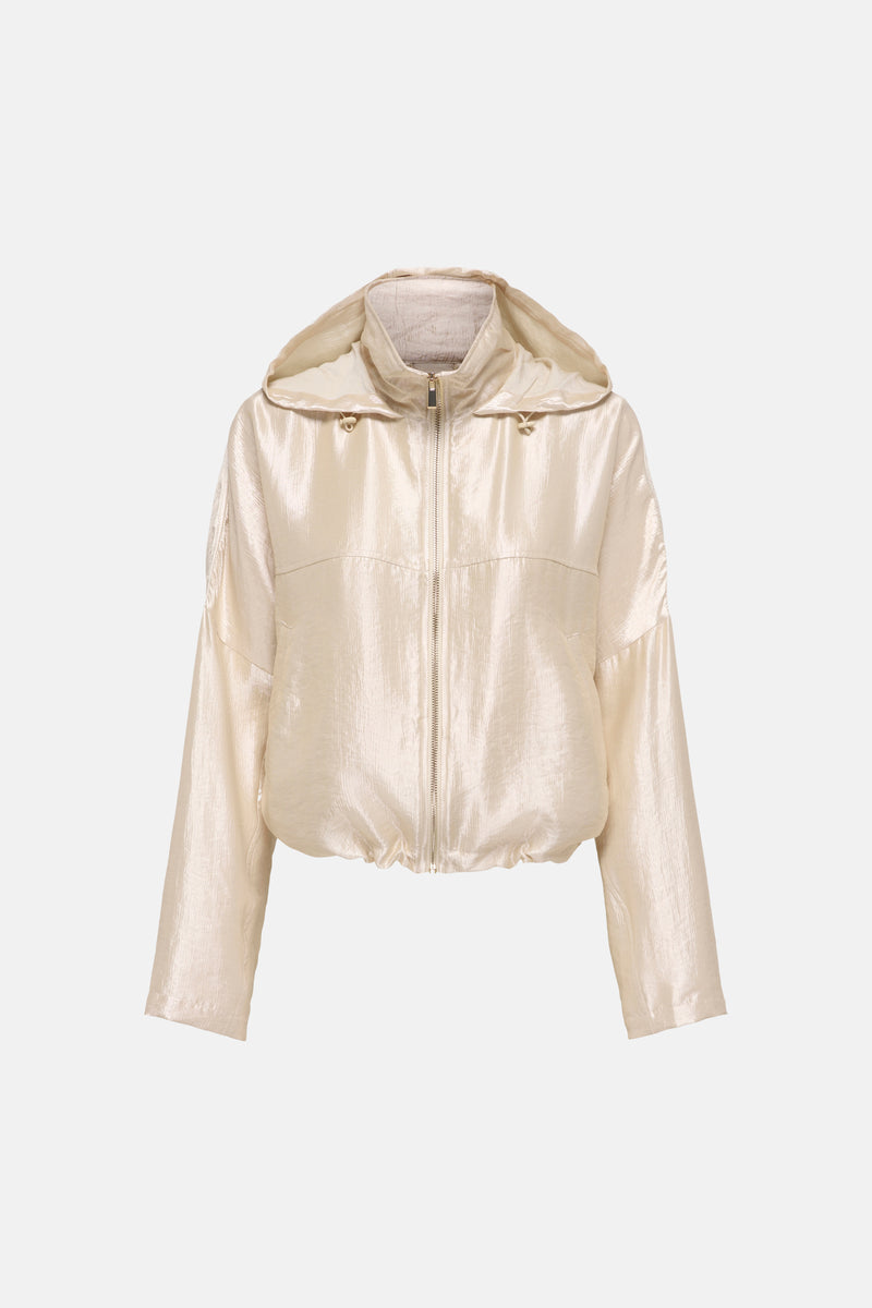 Veste courte dorée de ONLY® en tissu irisé et froissé, avec capuche, fermeture éclair et ourlet élastique.
