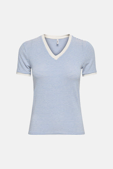 Wit T-shirt met blauwe strepen van ONLY® met korte mouwen en effen lichte kraag en manchetten, achtergezicht.