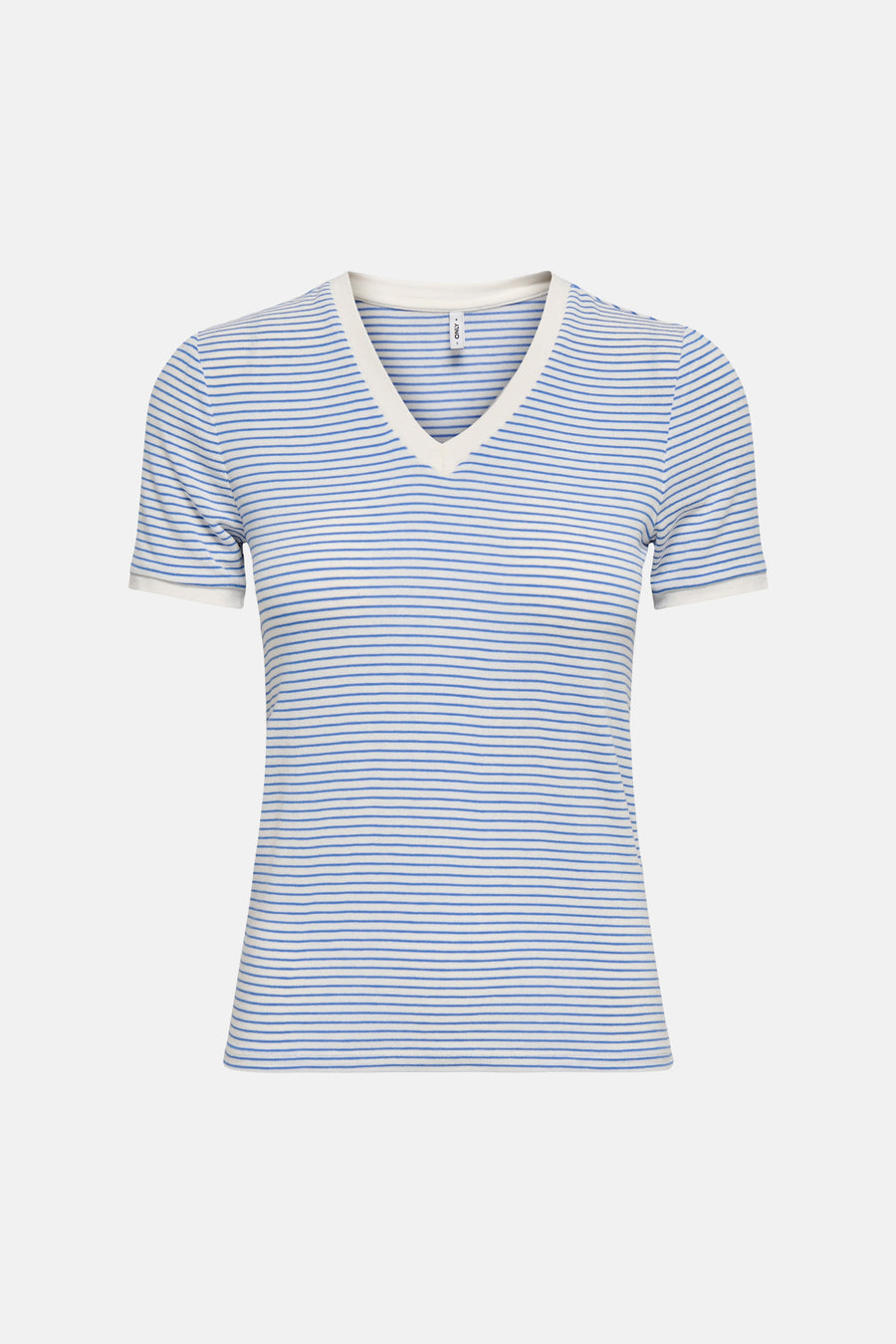 Wit T-shirt met blauwe strepen van ONLY® met korte mouwen en effen lichte kraag en manchetten, achtergezicht.