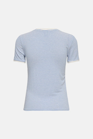 T-shirt blanc à rayures bleues de ONLY® à manches courtes avec col et poignets unis clairs, vue de dos.