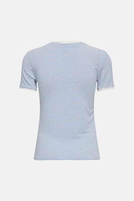 T-shirt blanc à rayures bleues de ONLY® à manches courtes avec col et poignets unis clairs, vue de dos.