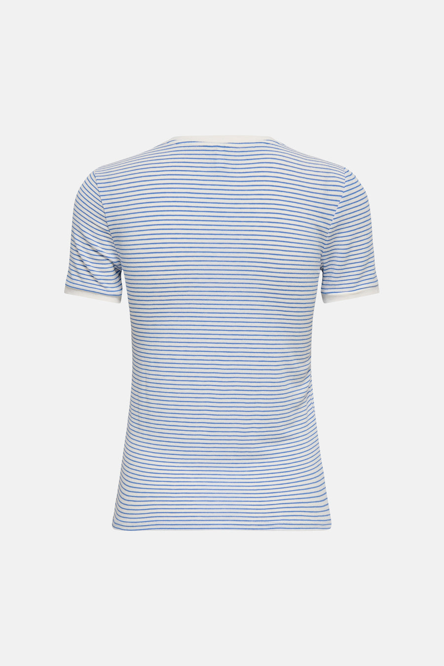 T-shirt blanc à rayures bleues de ONLY® à manches courtes avec col et poignets unis clairs, vue de dos.
