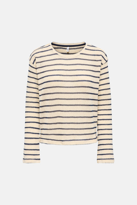 Sweatshirt met ronde hals meerkleurig van ONLY®, met marineblauwe horizontale strepen op een gebroken witte achtergrond.
