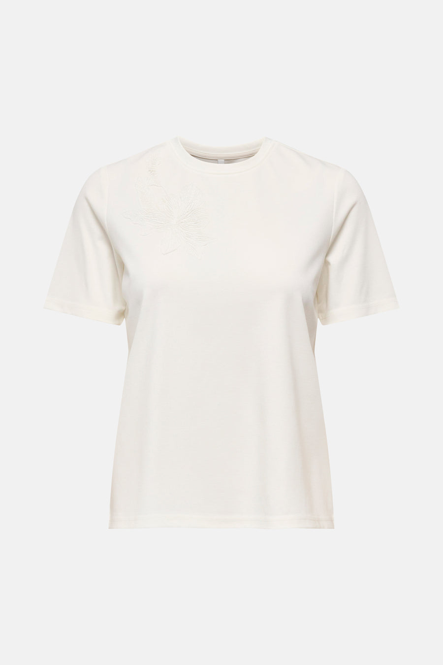 T-shirt blanc à manches courtes de ONLY, avec motif floral ton sur ton sur le devant.
