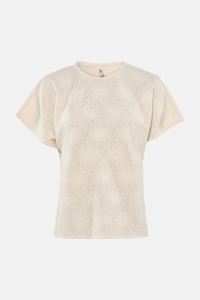 T-shirt beige à manches courtes par ONLY®, avec un motif floral texturé sur toute la surface.