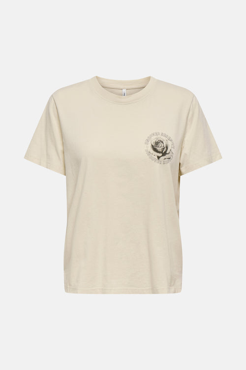 T-shirt beige à manches courtes de ONLY, avec motif imprimé d'une rose et un texte.