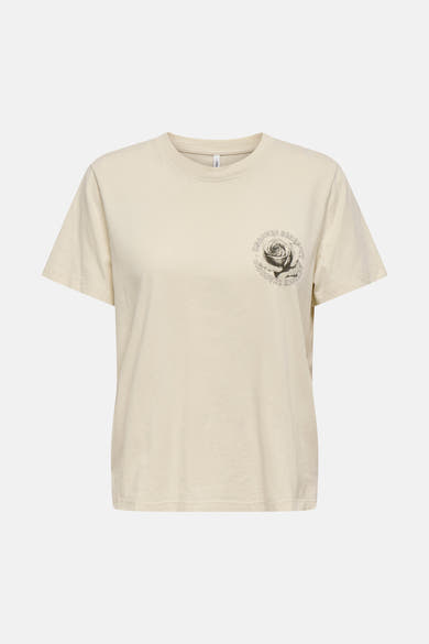 T-shirt beige à manches courtes de ONLY, avec motif imprimé d'une rose et un texte.