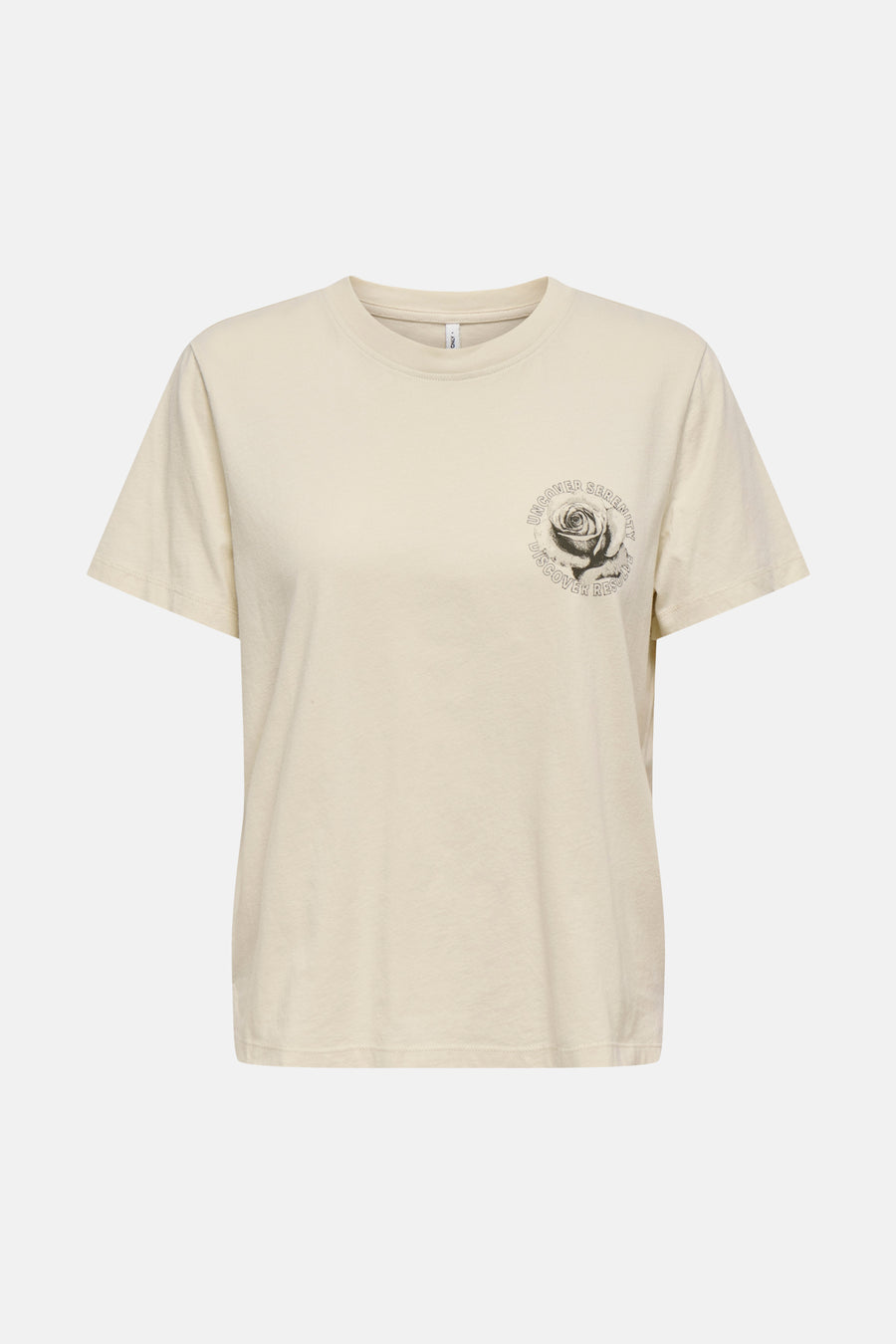 T-shirt beige à manches courtes de ONLY, avec motif imprimé d'une rose et un texte.