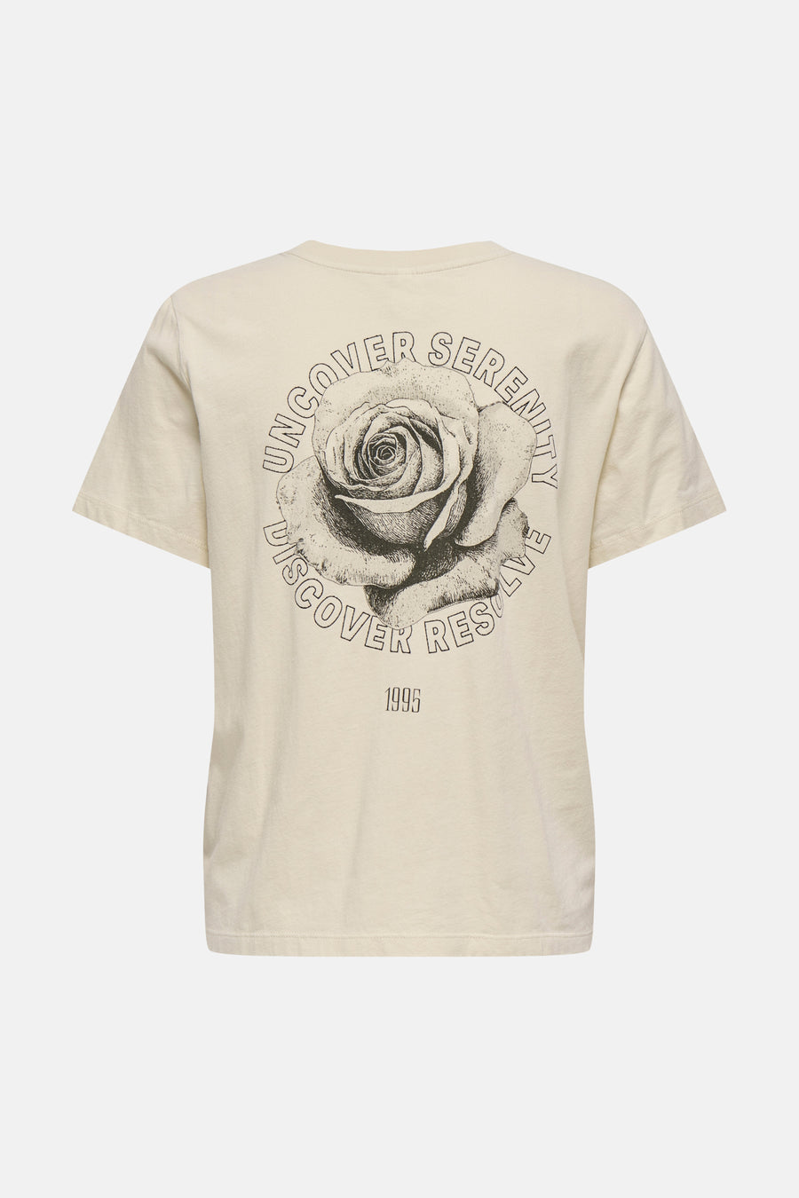 T-shirt beige à manches courtes de ONLY, avec un imprimé de rose et l'inscription "1995" au dos.