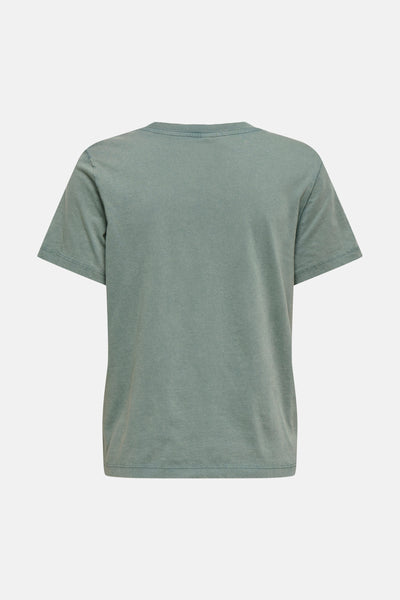 T-shirt vert à manches courtes de ONLY, avec une texture délavée et un col rond, vue de dos.
