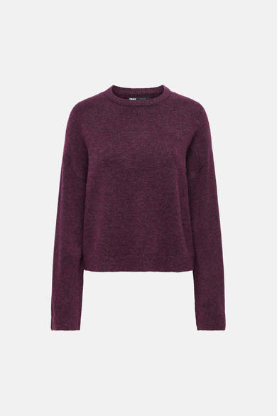 Mauve wine round-neck sweater by ONLY, featuring a soft marled knit texture and long sleeves, front view.